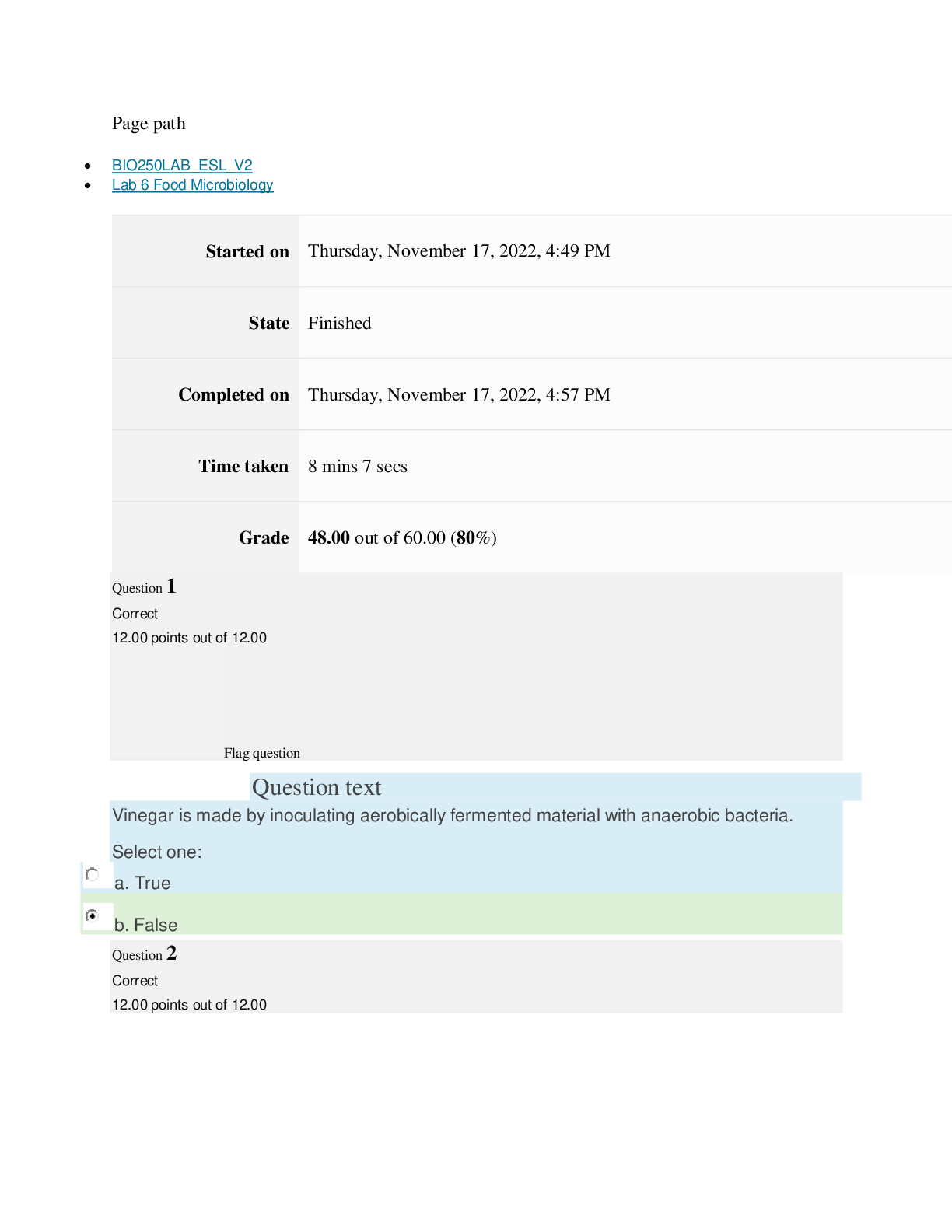 Preview image for BIO250 Lab 6 Food Microbiology LABQUIZ[ALREADY PASSED]